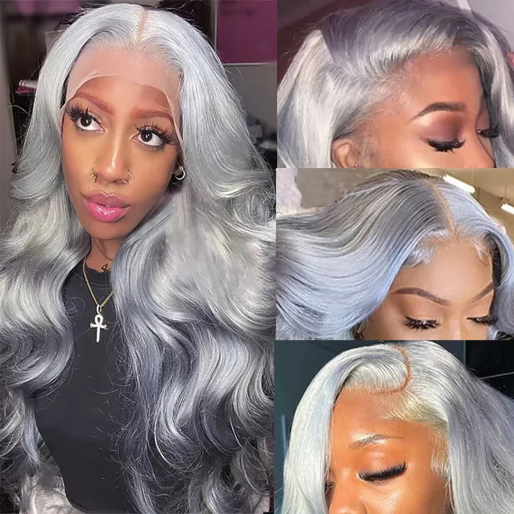 30 pouces 13x6 HD couleur gris argenté vague de corps dentelle avant perruques cheveux humains brési