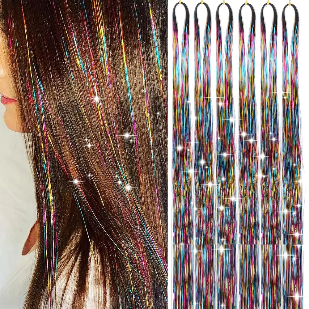 Kit de mèches scintillantes pour cheveux, 6 pièces, 2000 brins, extensions de cheveux en tinsel arge