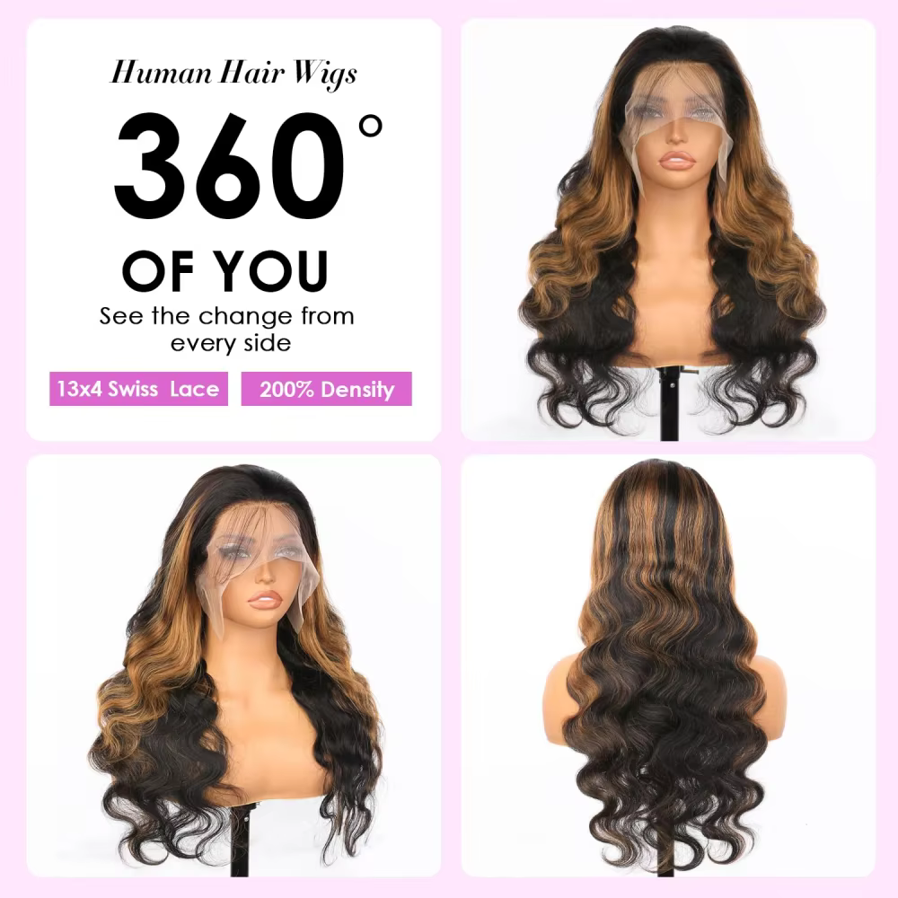 Perruques Lace Front 13x4 HD Highlight Body Wave en Cheveux Humains pour Femmes, Sans Colle, Pré-Plu