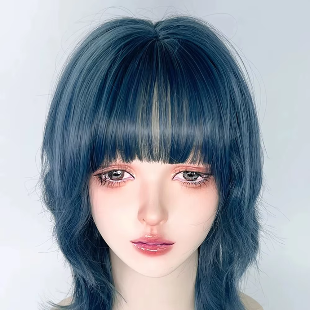 Perruque synthétique bleue à tête de mulet avec frange, perruque courte et lisse pour Cosplay Anime 