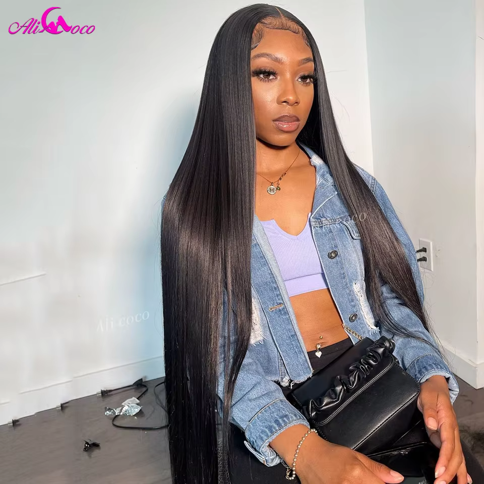 Perruque Lace Front Wig naturelle lisse-ALI COCO, 13x4 13x6, 36 38 pouces, pre-plucked, densité 250,