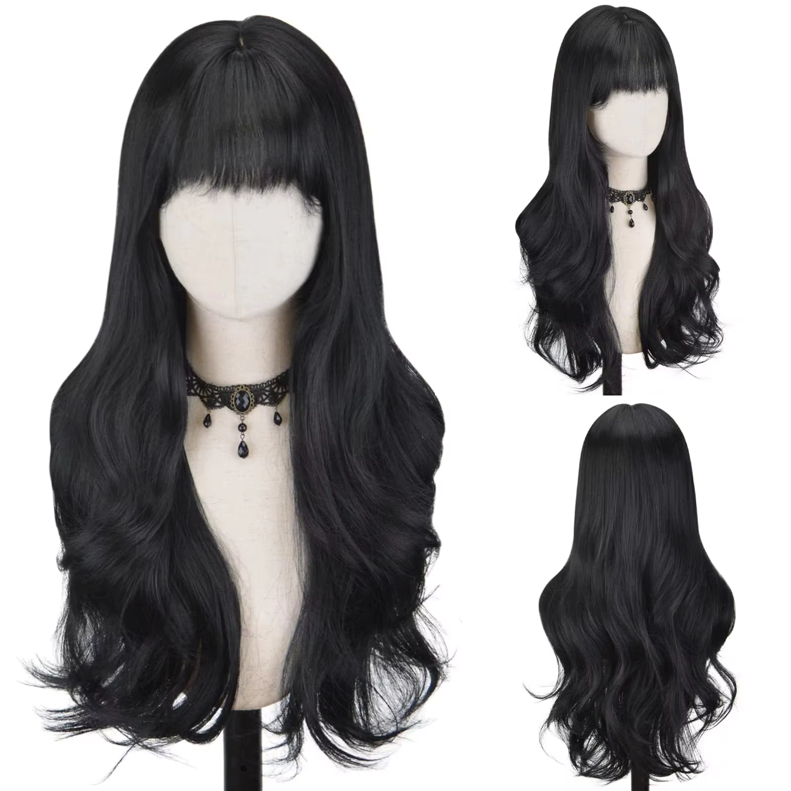 Perruque synthétique noire avec grandes vagues pour fête, cosplay d'Halloween, usage quotidien, acce
