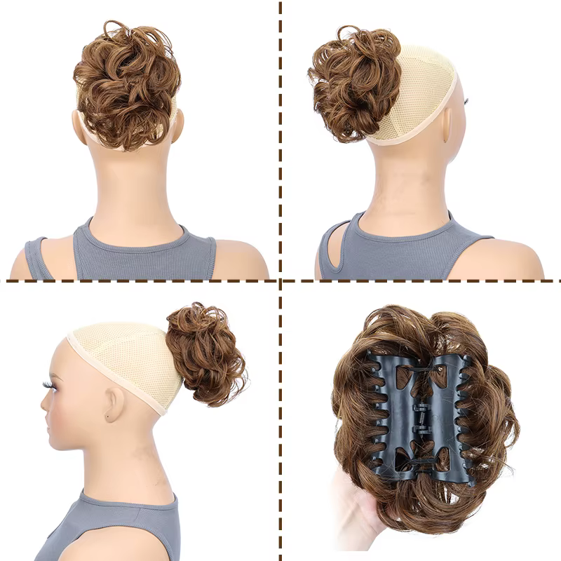 Chignon synthétique en désordre pour femmes, Extension capillaire courte, bouclée, ondulée, noire, B