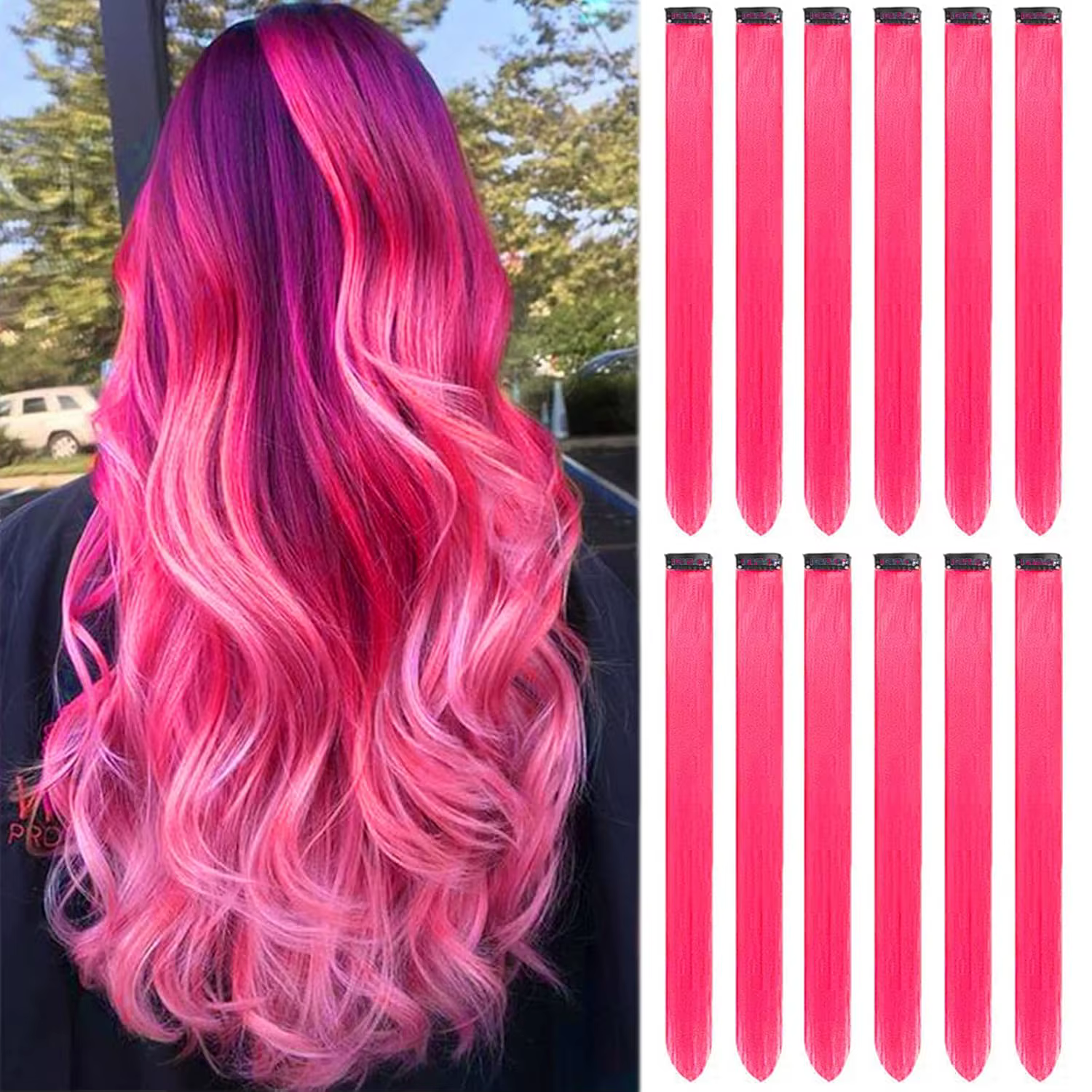 Extensions de cheveux rose vif à clipser, Extension de reflets de fête colorés pour enfants filles p