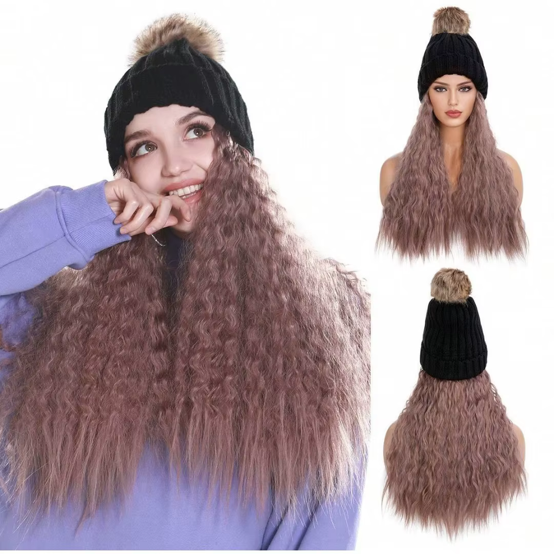 Bonnet sans visière avec extensions de cheveux longs bouclés ondulés, en tricot synthétique, avec mè