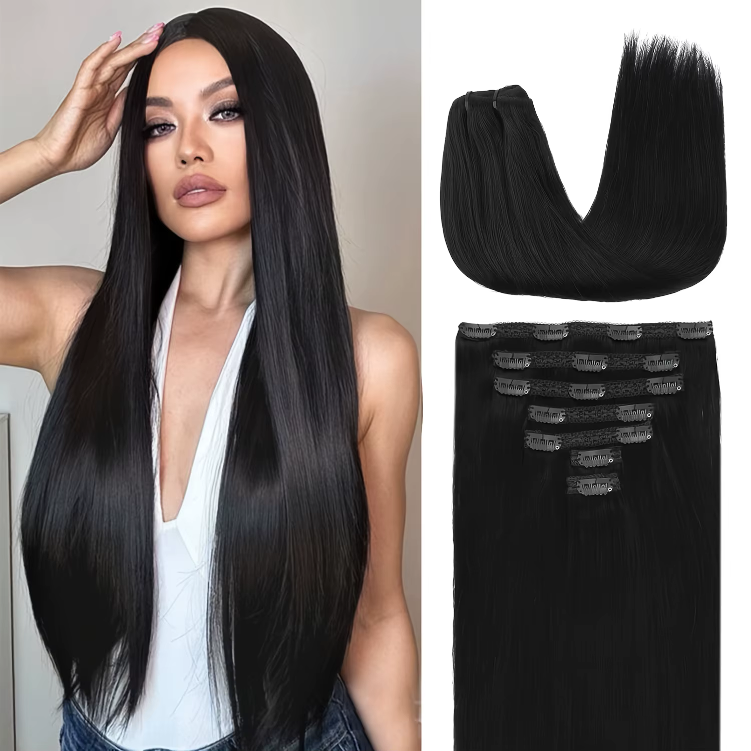 Extensions synthétiques noires naturelles à clips, lisses, longues de 20 pouces, épaisses, postiche