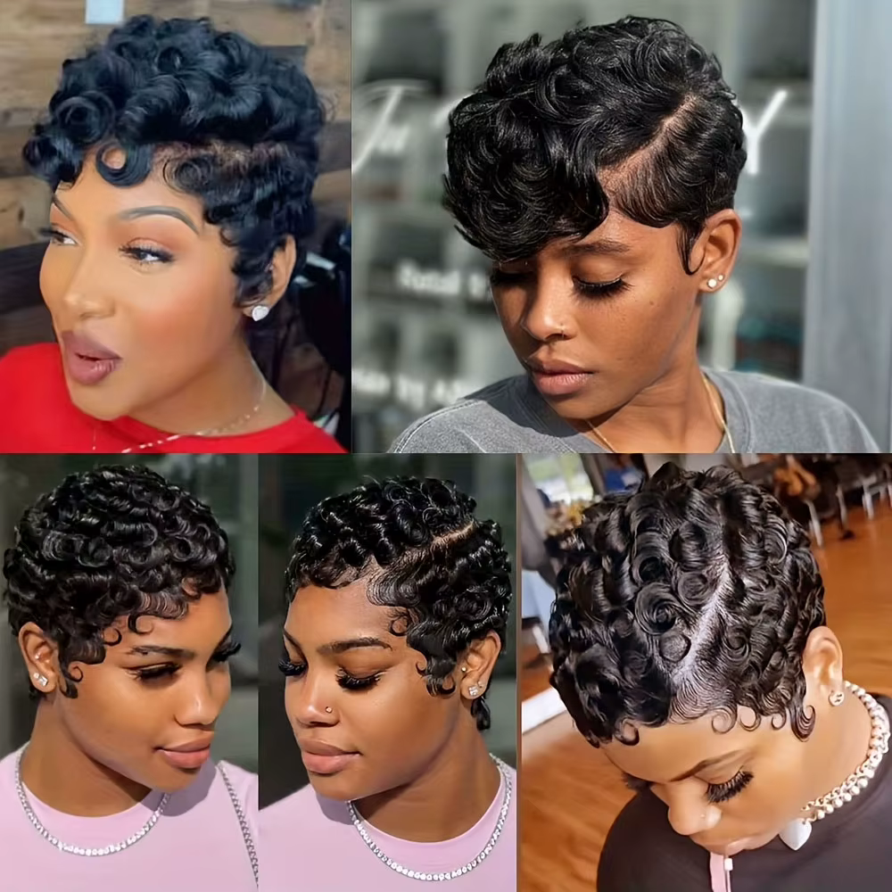 Perruques courtes coupe lutin cheveux humains pour femmes-6 pouces perruques courtes ondulées bouclé