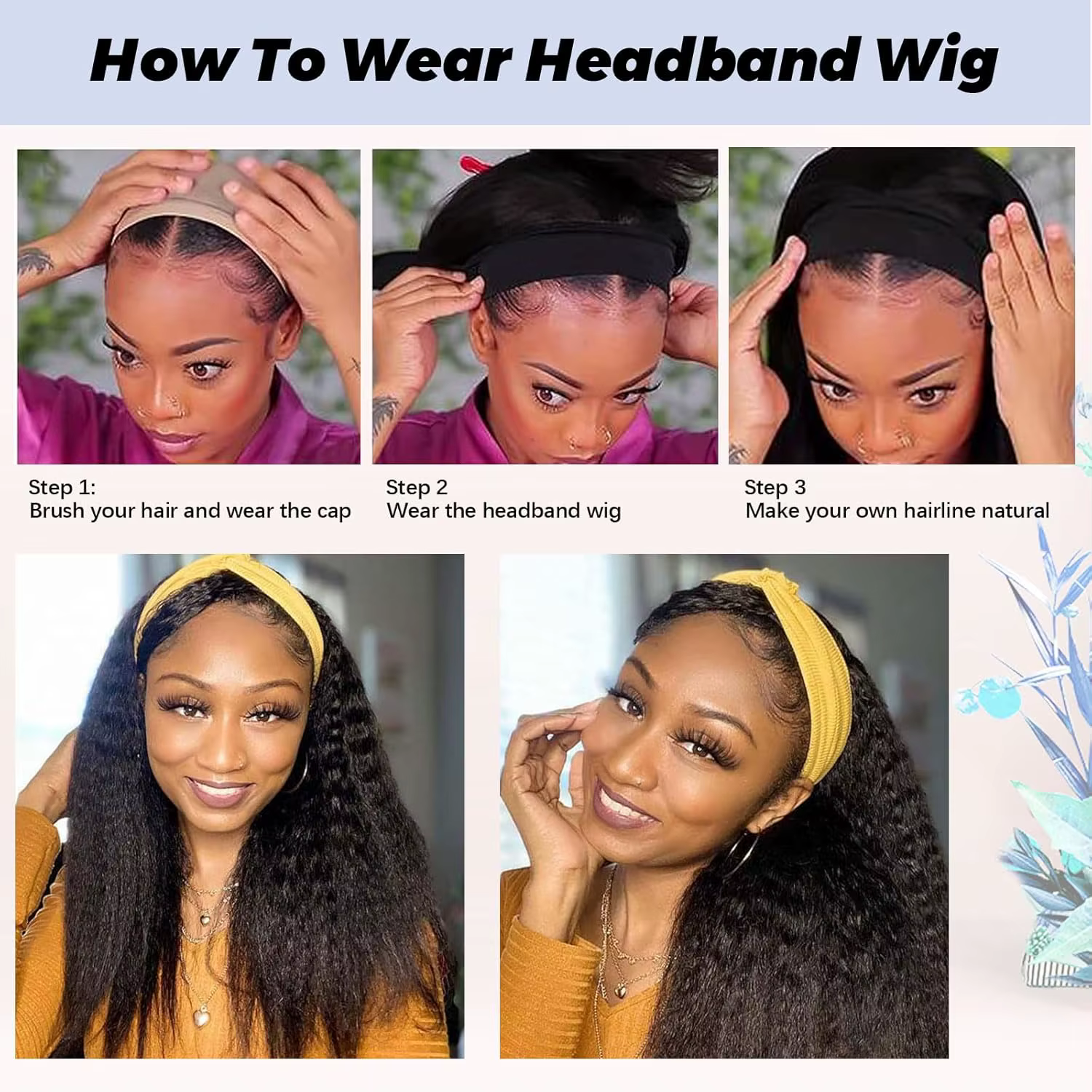 Perruques de cheveux longs et crépus lisses pour femmes noires, perruque bandeau synthétique, demi-p