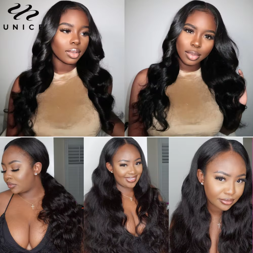 UNice cheveux 180% densité vague de corps V partie perruque avec cordon 100% cheveux humains véritab