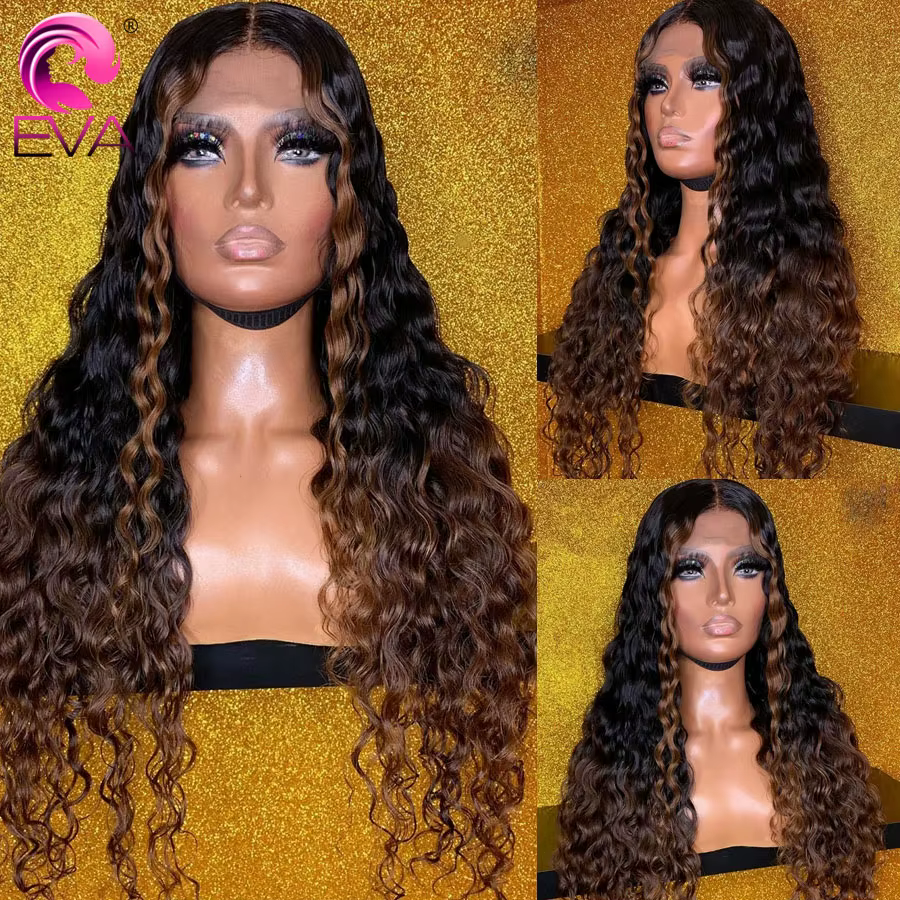 Perruques Lace Front Eva Hair Highlight colorées pour femmes, en cheveux humains, couleur Ombré Brun