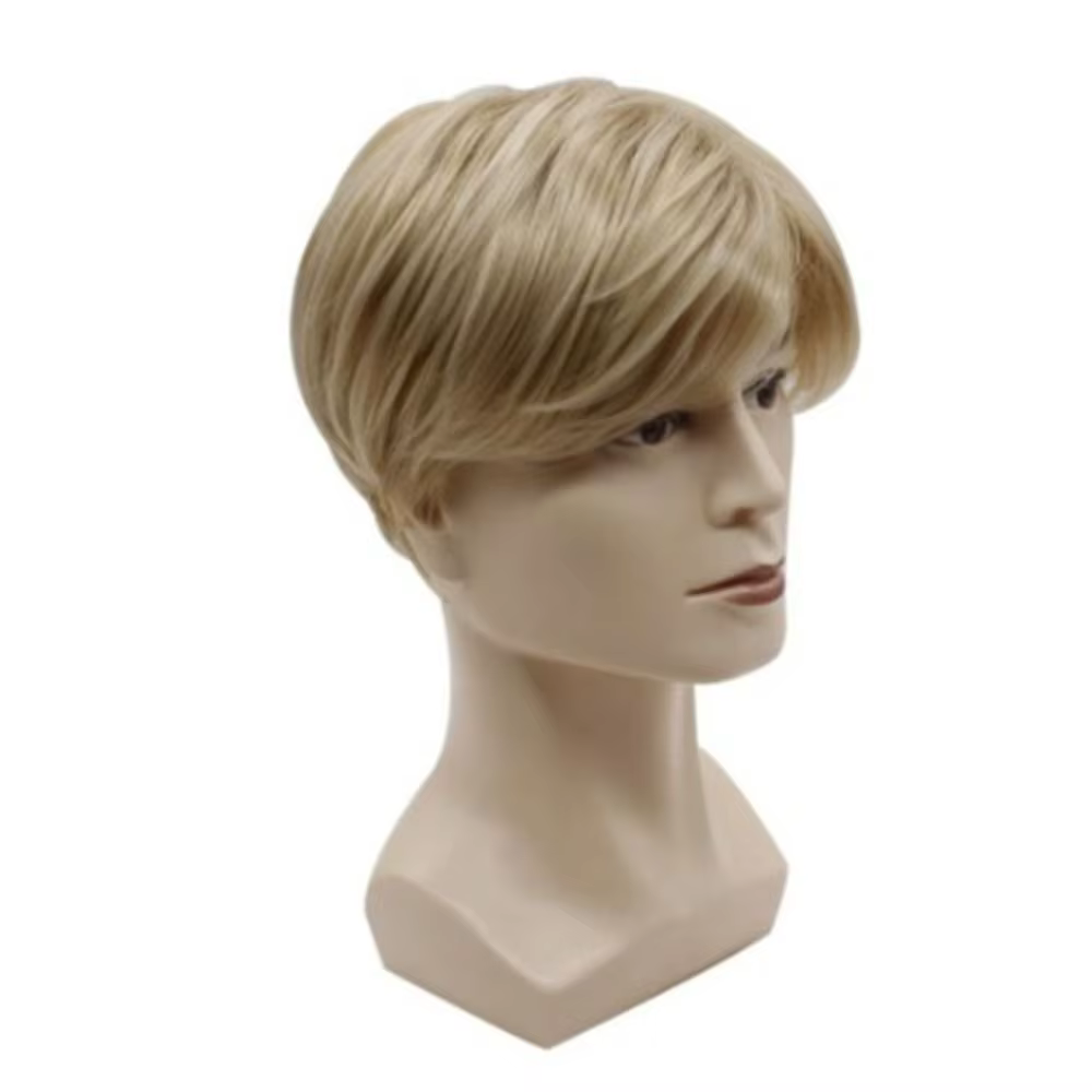 Perruque Synthétique Courte et Lisse pour Homme, Cheveux Dorés, Blond, à la Mode, Cosplay
