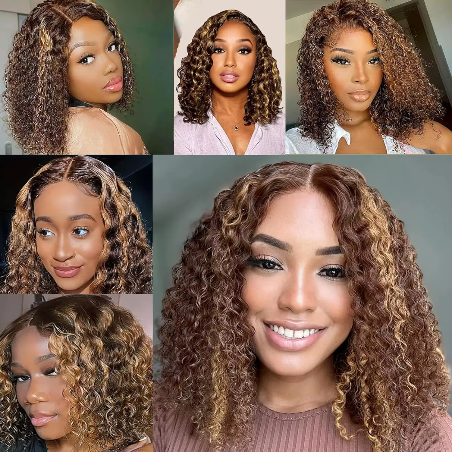 4/27 mettre en évidence la couleur bouclés Bob perruque cheveux humains vague profonde 200% densité