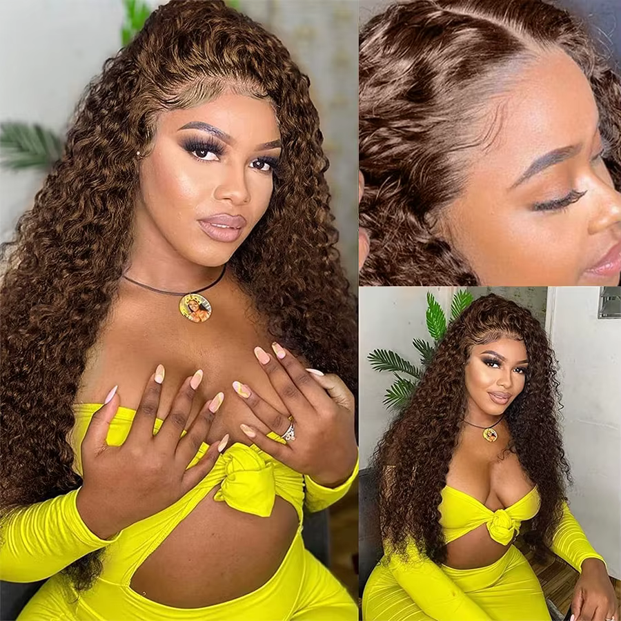 Perruque Deep Wave Lace Front Wig Remy naturelle, cheveux bouclés, brun chocolat, 13x6 HD, 13x4, 180