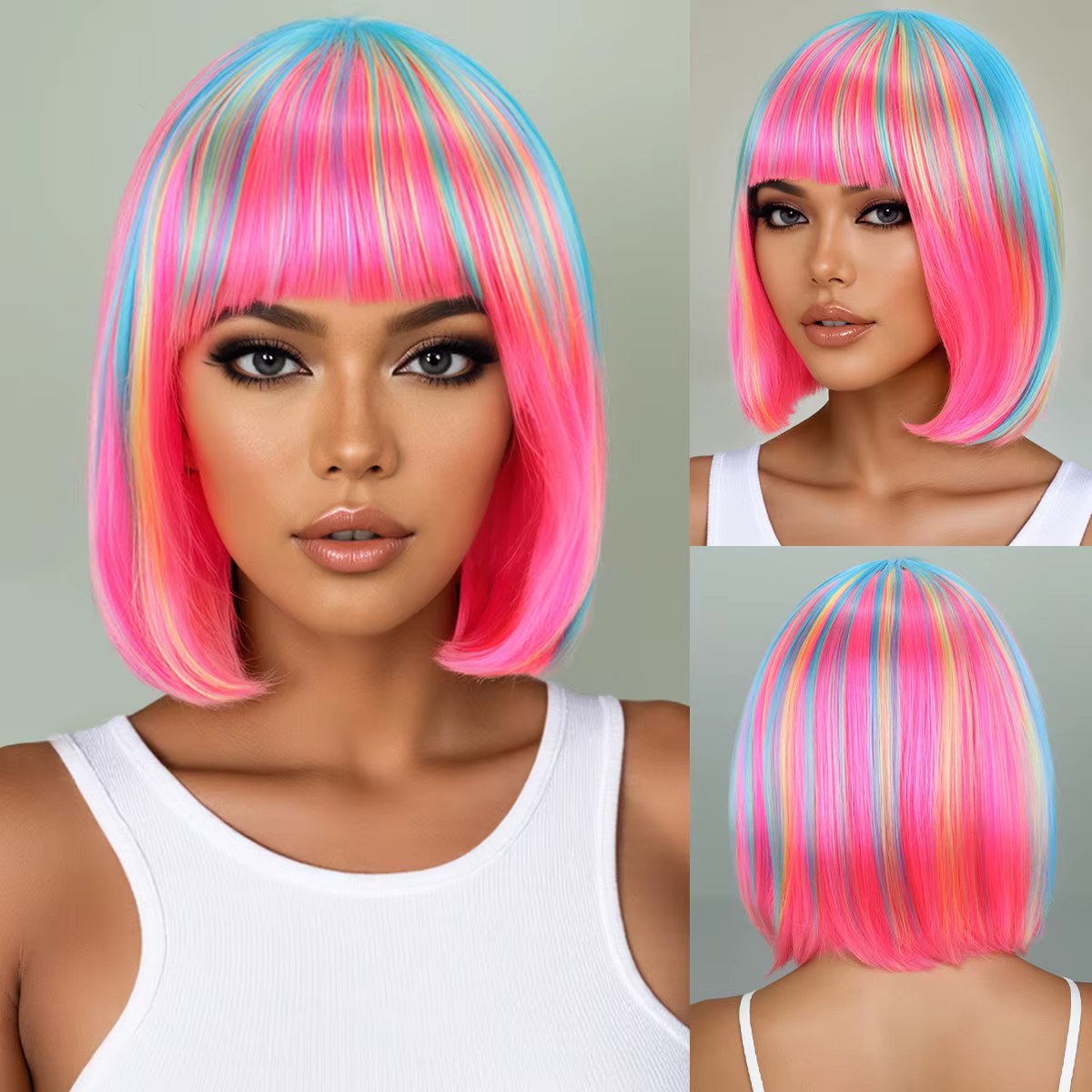 Perruque synthétique couleur arc-en-ciel pour réunions quotidiennes, fêtes, cosplay d'Halloween, coi