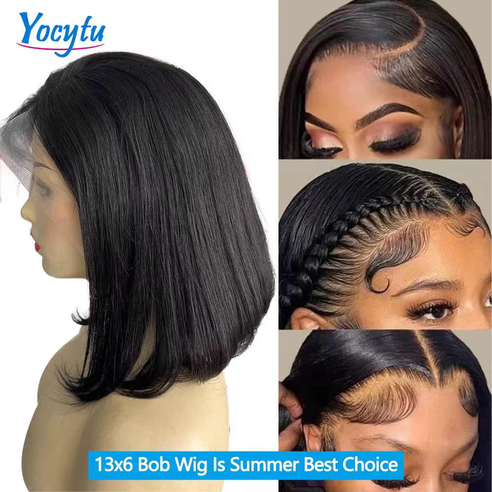 Perruque Bob Lace Front YOCYTU 13x6 en cheveux humains, 12 pouces, courte et droite, pré-épilée, ave