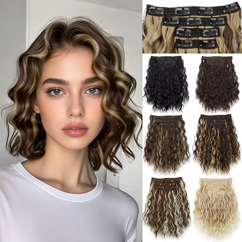 4 pièces/ensemble pince synthétique dans les Extensions de cheveux courte ondulation d'eau morceaux