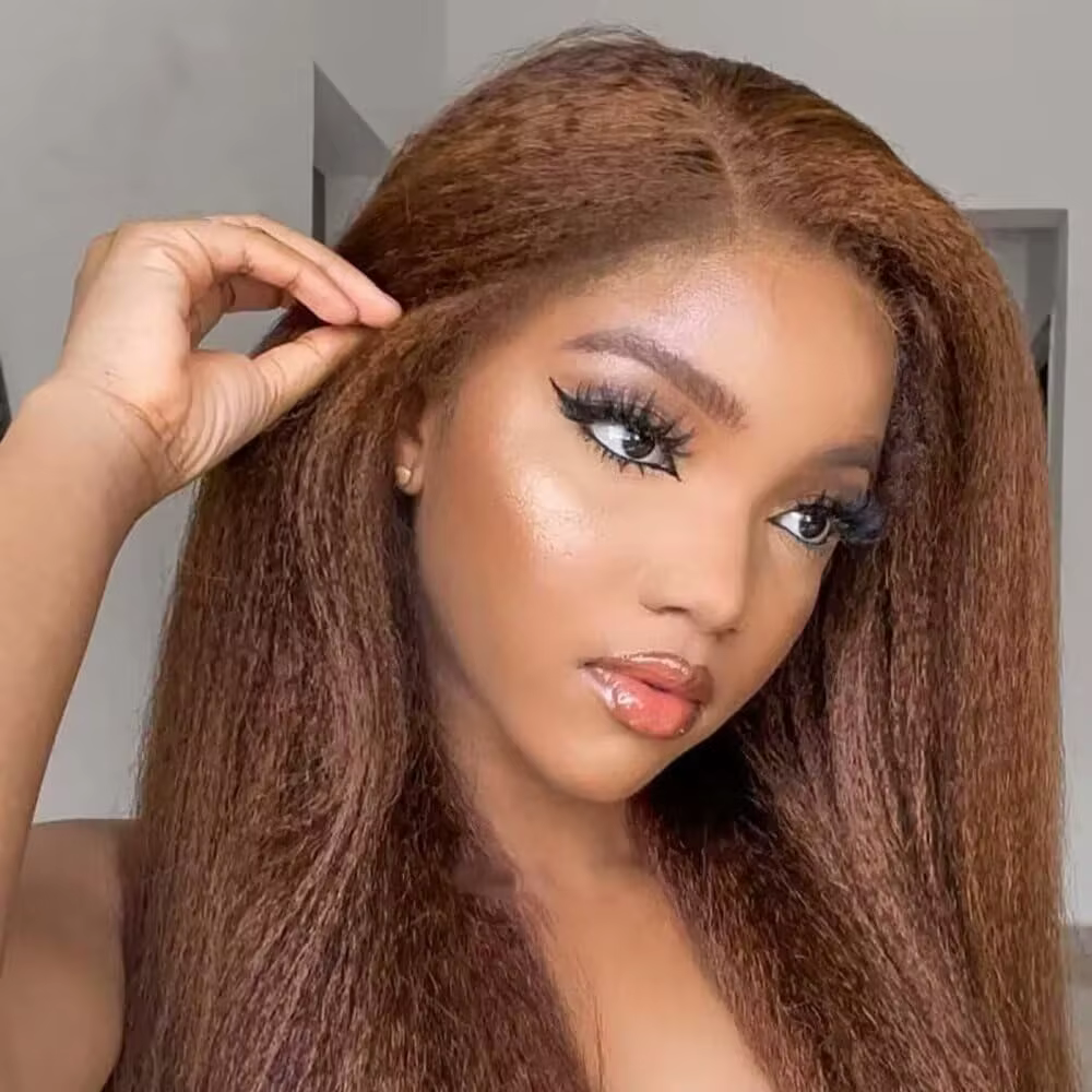 Perruques de cheveux humains crépus lisses brun chocolat 200% densité 13x6 perruque frontale en dent