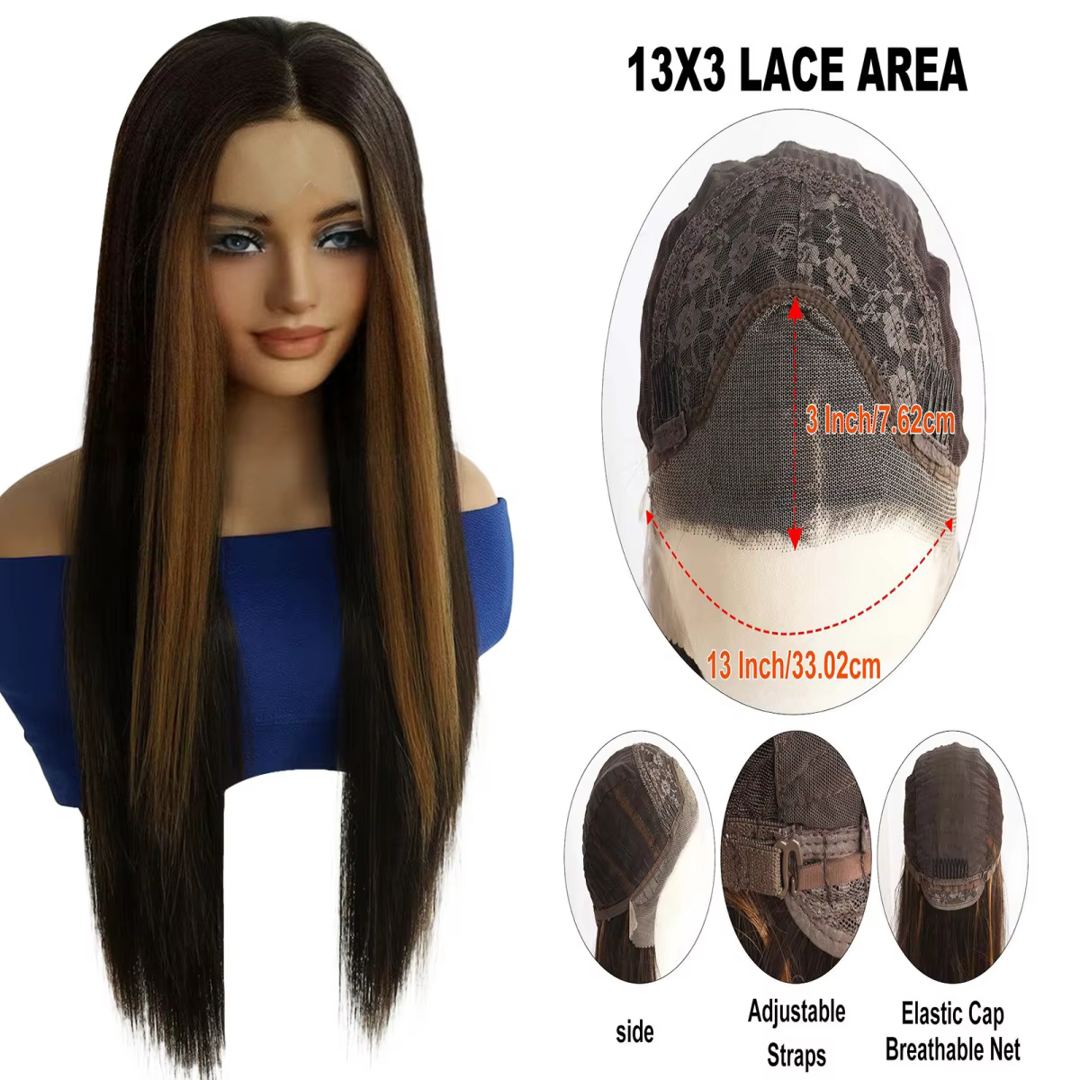  Perruque synthétique lisse avec mèches blondes et brunes, 13x3 Lace Front, résistante à la chale