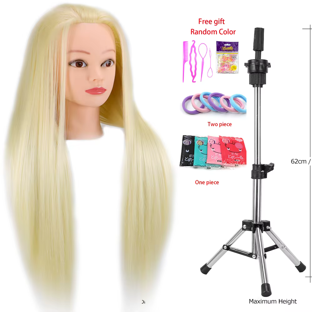 Tête de Mannequin 100% cheveux synthétiques, tête de formation pour coiffeur avec trépied, tête de p