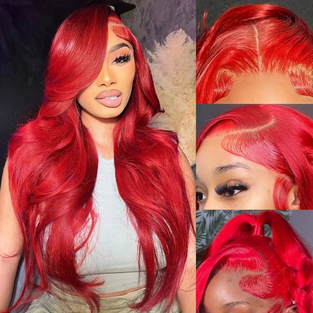 Perruque Brésilienne de Cheveux Naturels Ondulés, Rouge Chaud, 13x6 HD, 4x4, 5x5, pour Femme