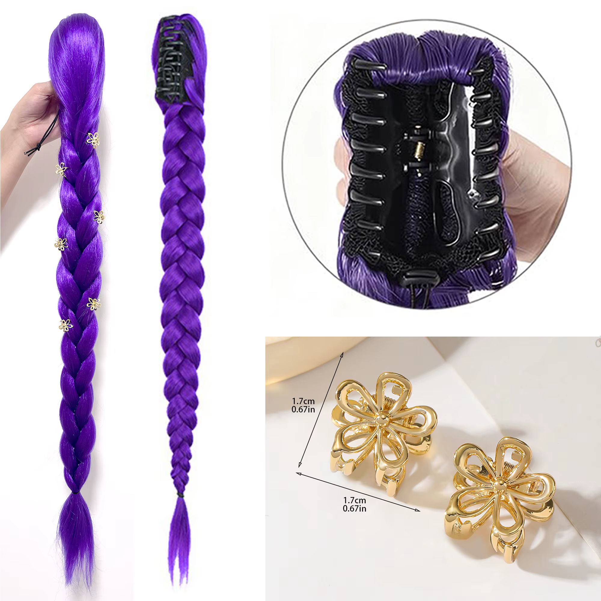 Extension de cheveux synthétiques longue queue de cheval à clipser, tressée violette, pour cosplay, 