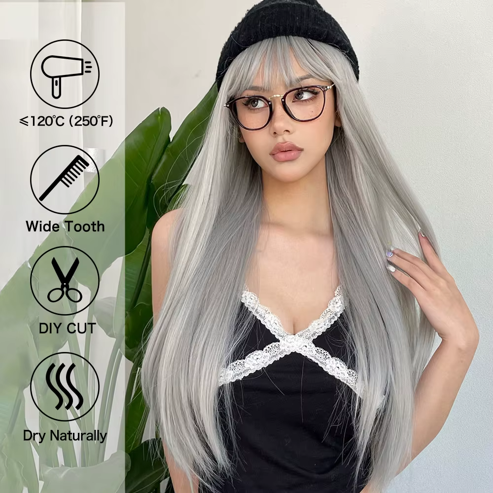 Perruques synthétiques longues et lisses gris cendré argenté, cheveux naturels Lolita Cosplay avec f