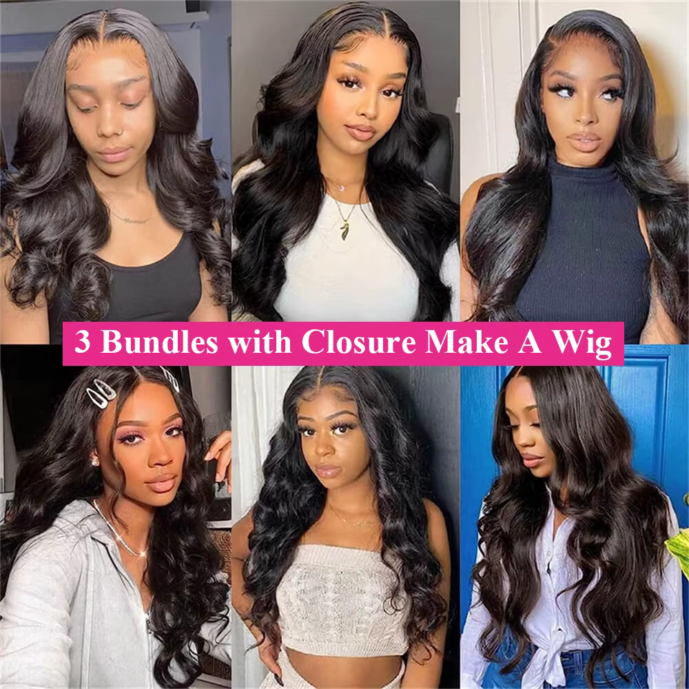Extensions de cheveux humains 100% naturels, ondulés, brésiliens non traités, 3 mèches avec closure 