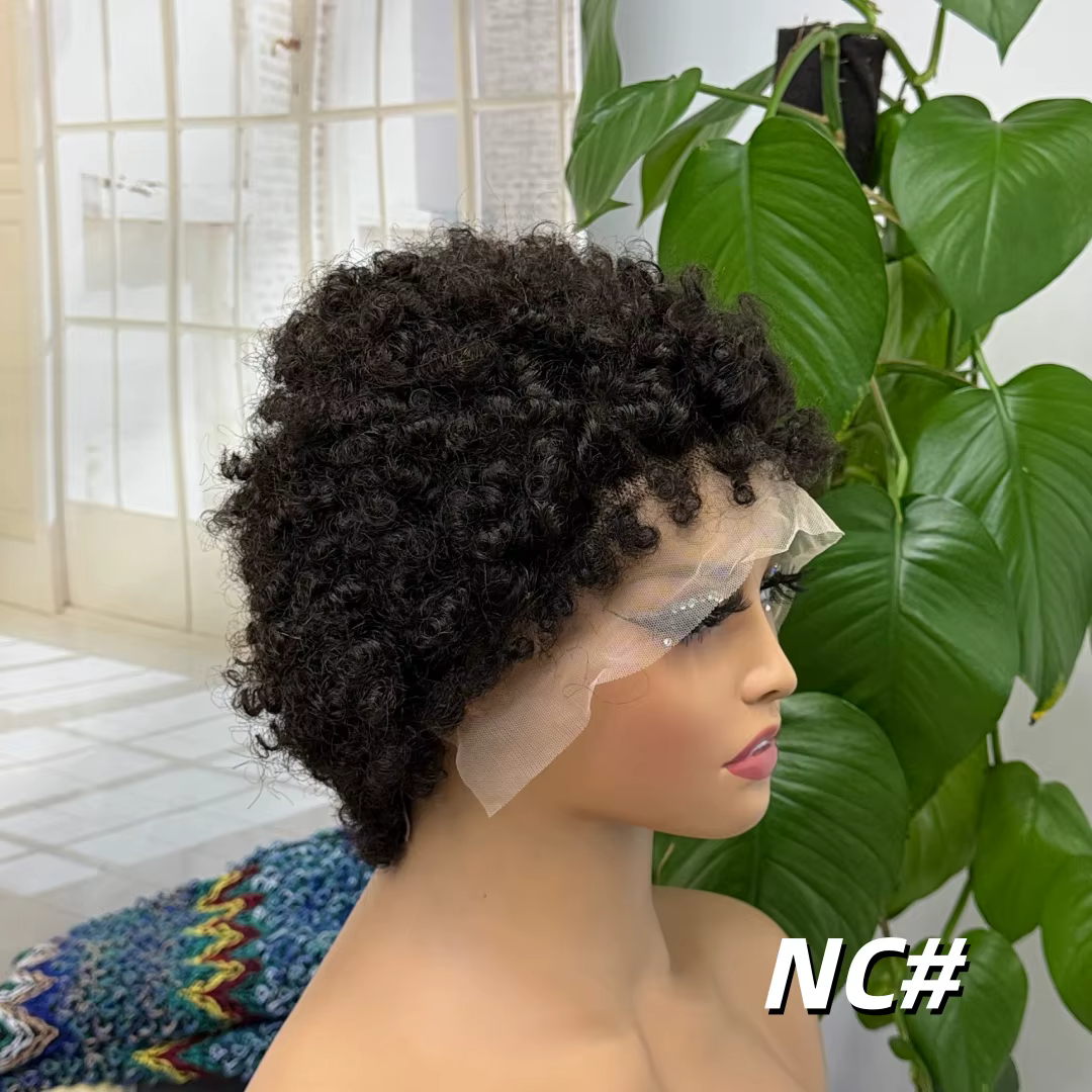 Perruque en cheveux humains 4C, coupe courte bouclée afro, perruque bob transparente avec dentelle f