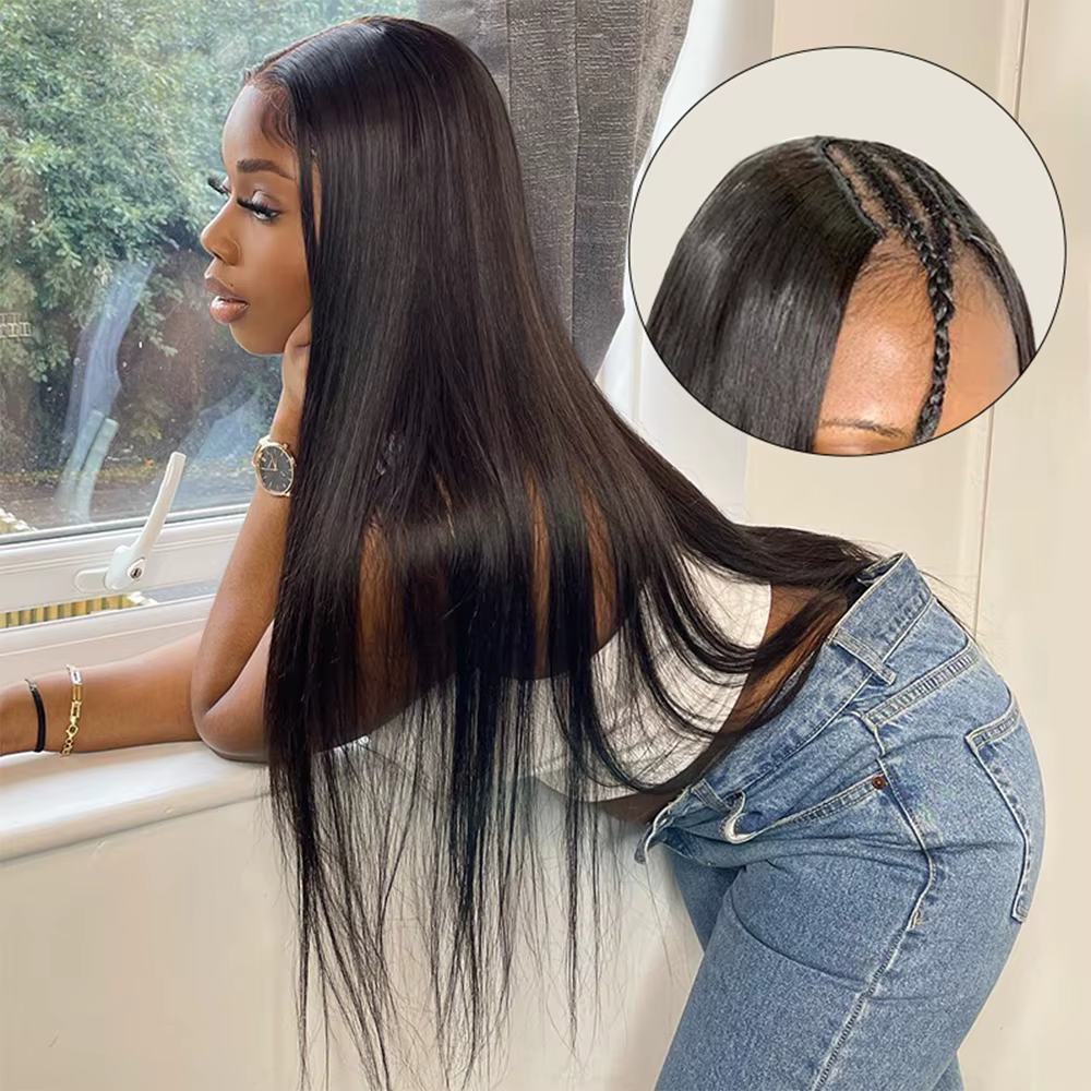 Perruque en cheveux humains lisses en forme de V, sans besoin de laisser de cheveux apparents, perru