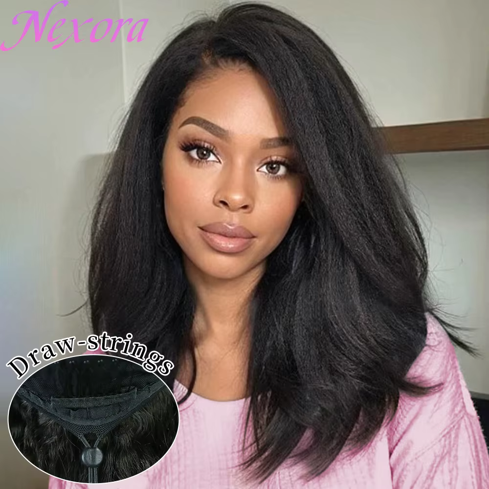 Perruque mi-tête noire 1B, cheveux humains raides crépus, avec sangle invisible, perruque brésilienn