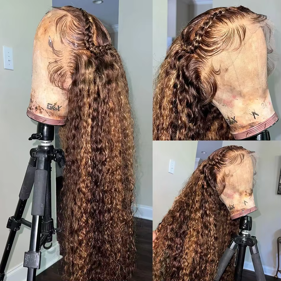 4/27 32 pouces mettre en évidence miel brun bouclés dentelle avant perruques de cheveux humains 13x6
