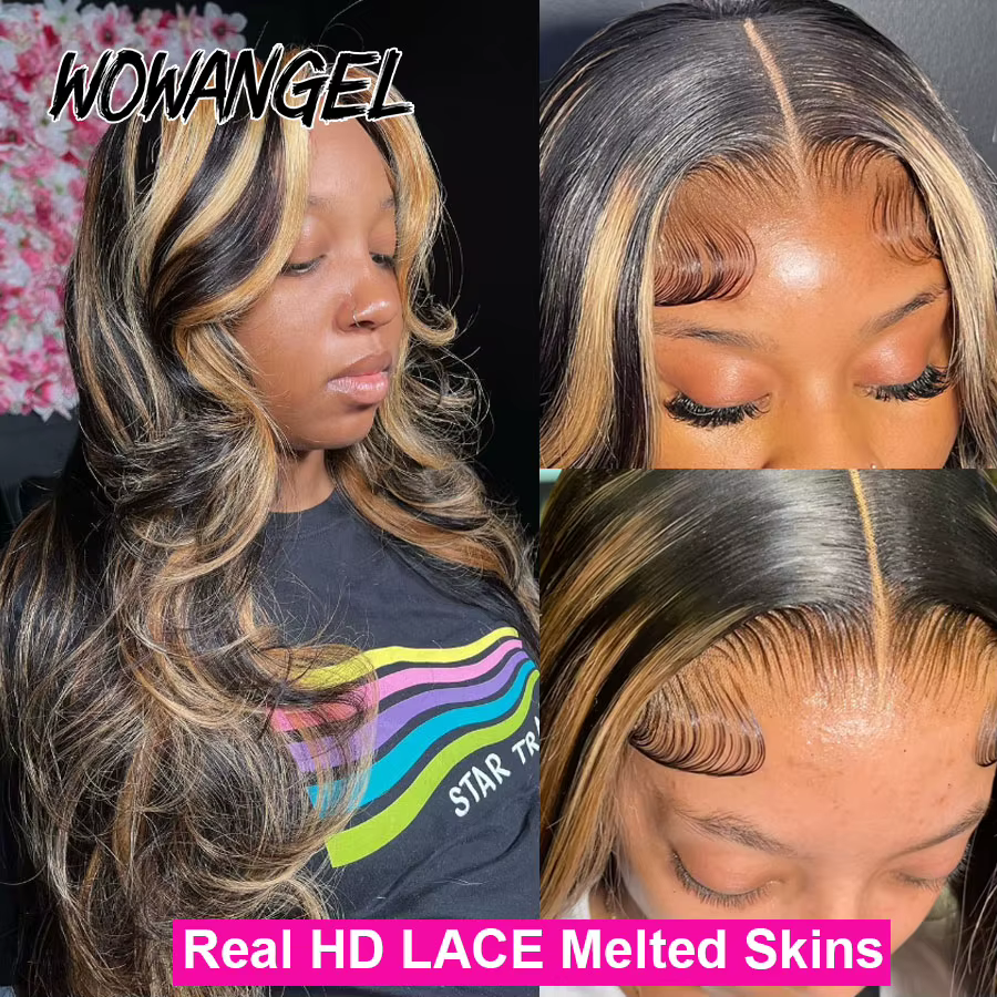 Wow Angel 1B27 Ombre mettre en évidence couleur 250% cheveux humains dentelle frontale perruques vag