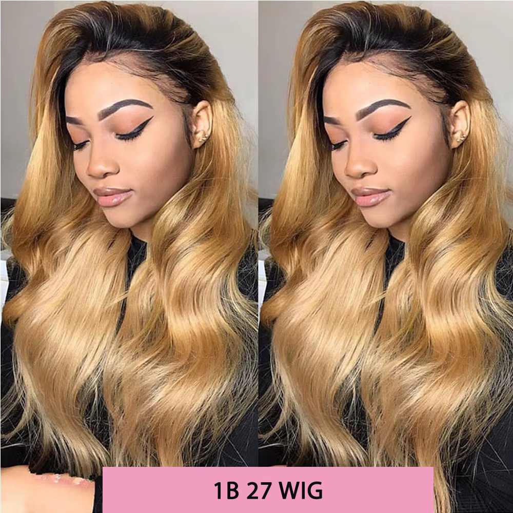 Perruque Lace Front Wig Body Wave naturelle, cheveux humains, blond miel, pre-plucked, 1B 27, ombré,