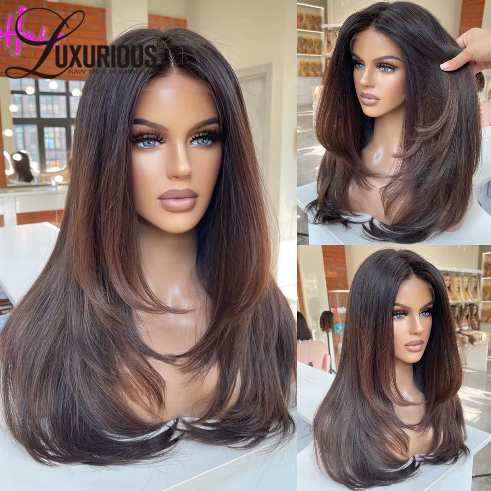 Perruque Lace Front Wig Remy brésilienne naturelle, cheveux lisses, couleur marron ombré, 13x4, pre-