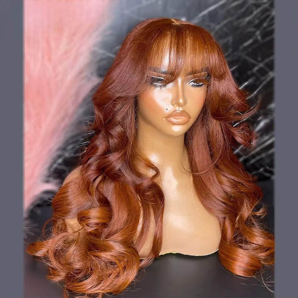 Perruque Lace Frontal Ginger Wigs Body Wave avec frange 13x4 HD, ligne de cheveux pré-épilée, transp