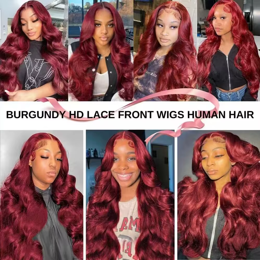 Perruque Lace Front Wig Body Wave Brésilienne Naturelle, Cheveux Humains, Couleur Rouge Bordeaux 99j