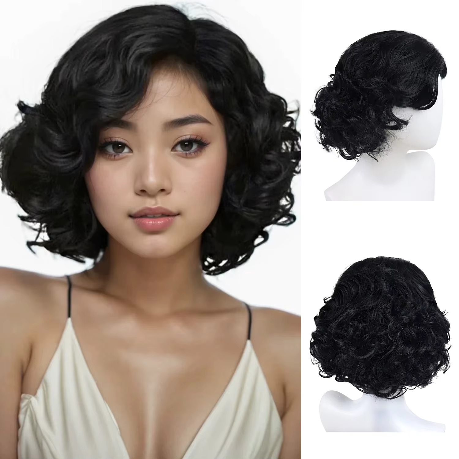Perruques bouclées noires pour femmes, cheveux synthétiques, perruque courte de 14 pouces avec frang