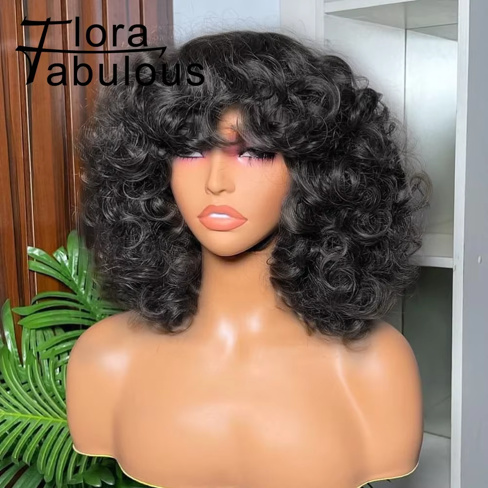 Gros bouclés Bob perruques avec frange courte Rose bouclés brésilien vierge perruque de cheveux huma