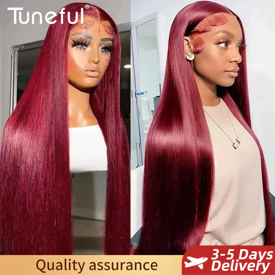 Perruque Lace Front Wig naturelle lisse-Tuneful, Sophia, cheveux humains, couleur bordeaux 99J, 13x6