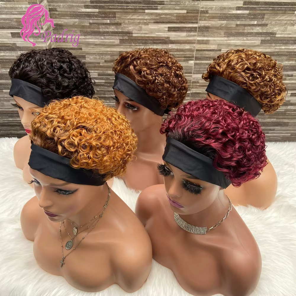 Perruque bouclée coupe lutin avec bandeau de cheveux humains colorés pour femmes, perruques entièrem