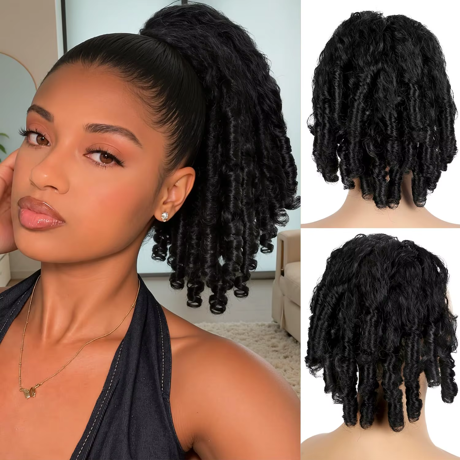 Extension de queue de cheval afro bouclée crépue 12-18 pouces avec cordon de serrage et boucles rebo