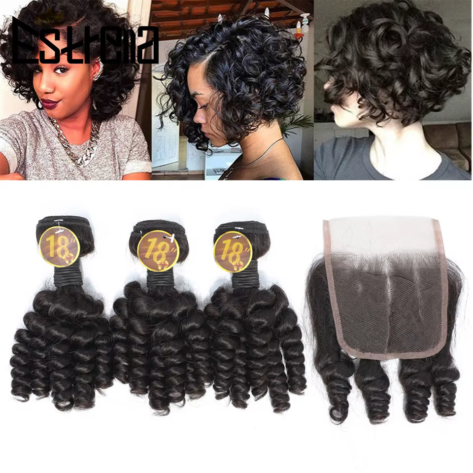 Mèches Brésiliennes Naturelles Bouclées avec Closure, Cheveux Humains, Rebondissants, 4x4, 3 Lots