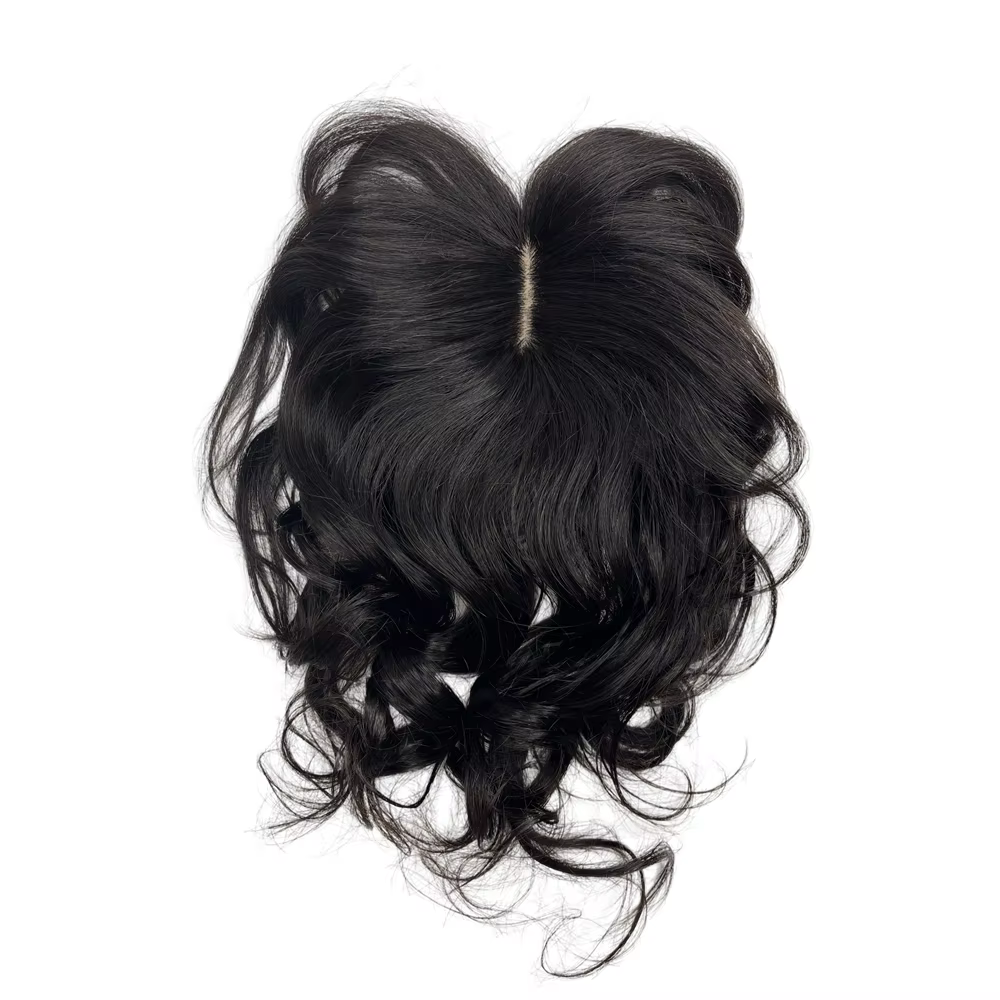 Postiche bouclée ondulée partie centrale cheveux humains Topper avec frange pince en vrais cheveux T