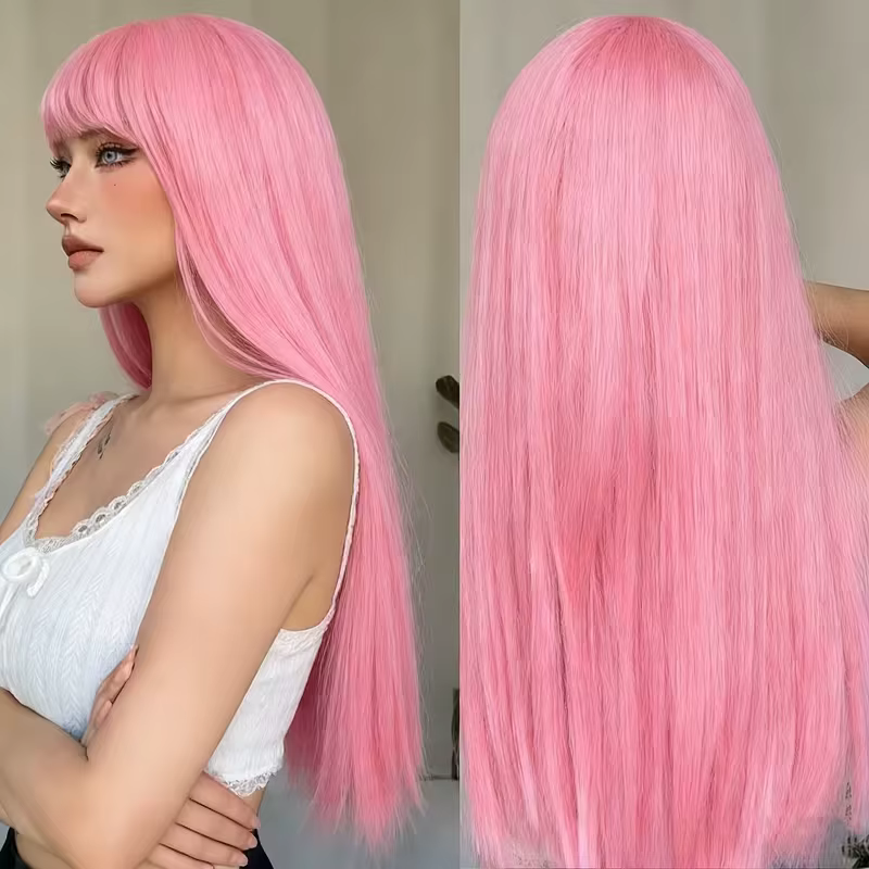 Perruque synthétique rose longue et droite pour Halloween, cosplay, jeux de rôle et fêtes quotidienn