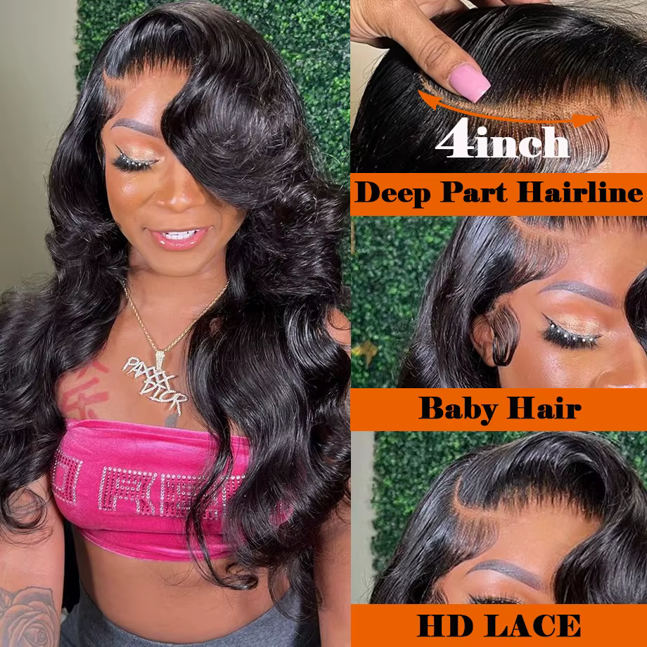 Perruque Lace Wig Body Wave Brésilienne Naturelle, Cheveux Humains, 13x4, Sans Colle, Prête à vitati