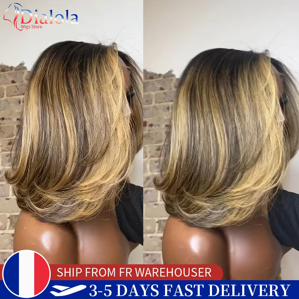 Perruques Dialola 5x5 Closure Blonde Highlight Coupe Dégradée Courte Bob Cheveux Humains Ombrés Pré-