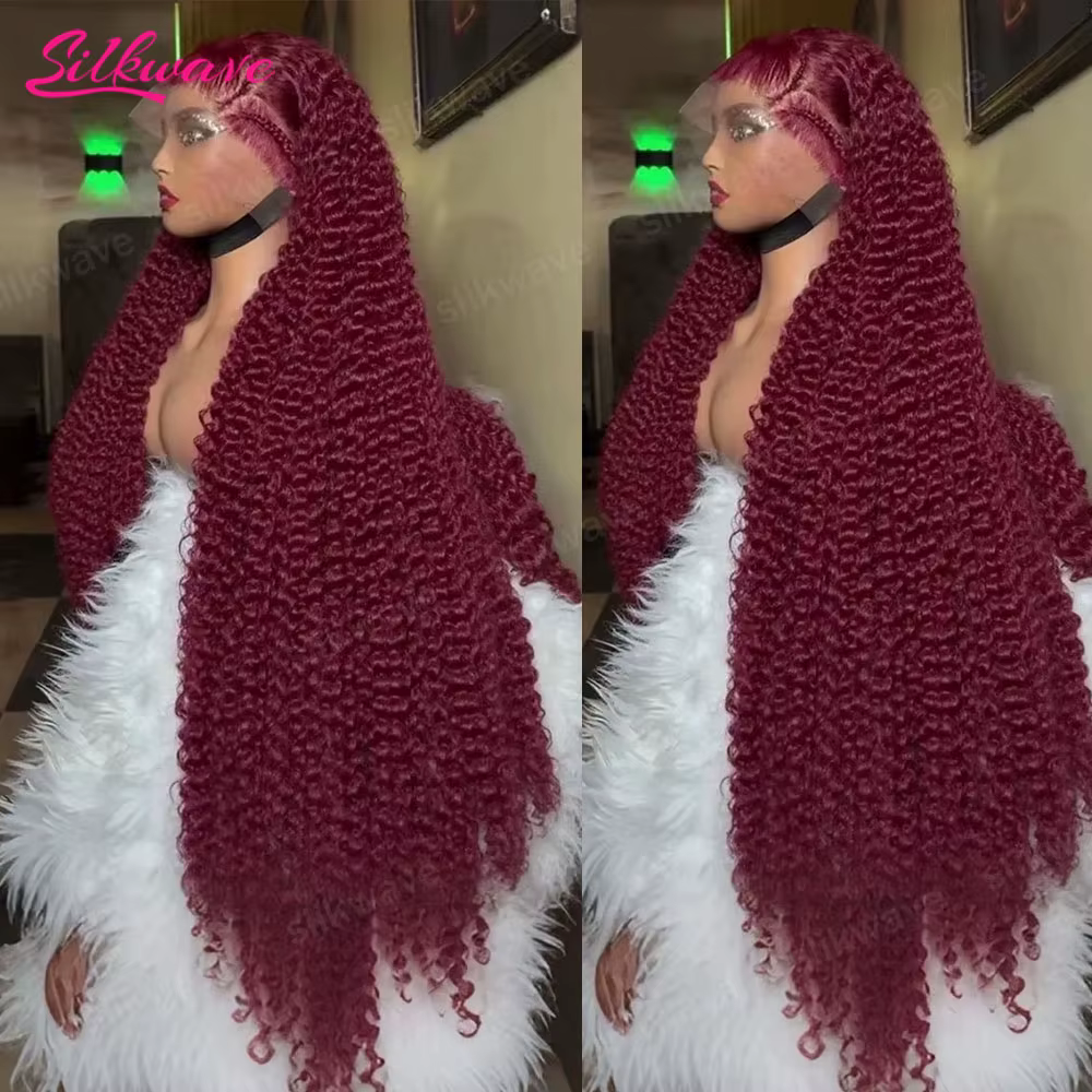 Perruque de cheveux humains bouclés 200 densité 99j Bourgogne 13x6 HD Lace Frontal, couleur Vin Roug
