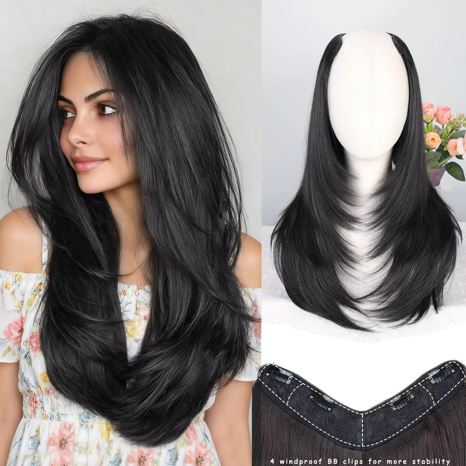 Extensions de cheveux noires à clipser pour femmes, longues, lisses, synthétiques, avec 5 clips, des