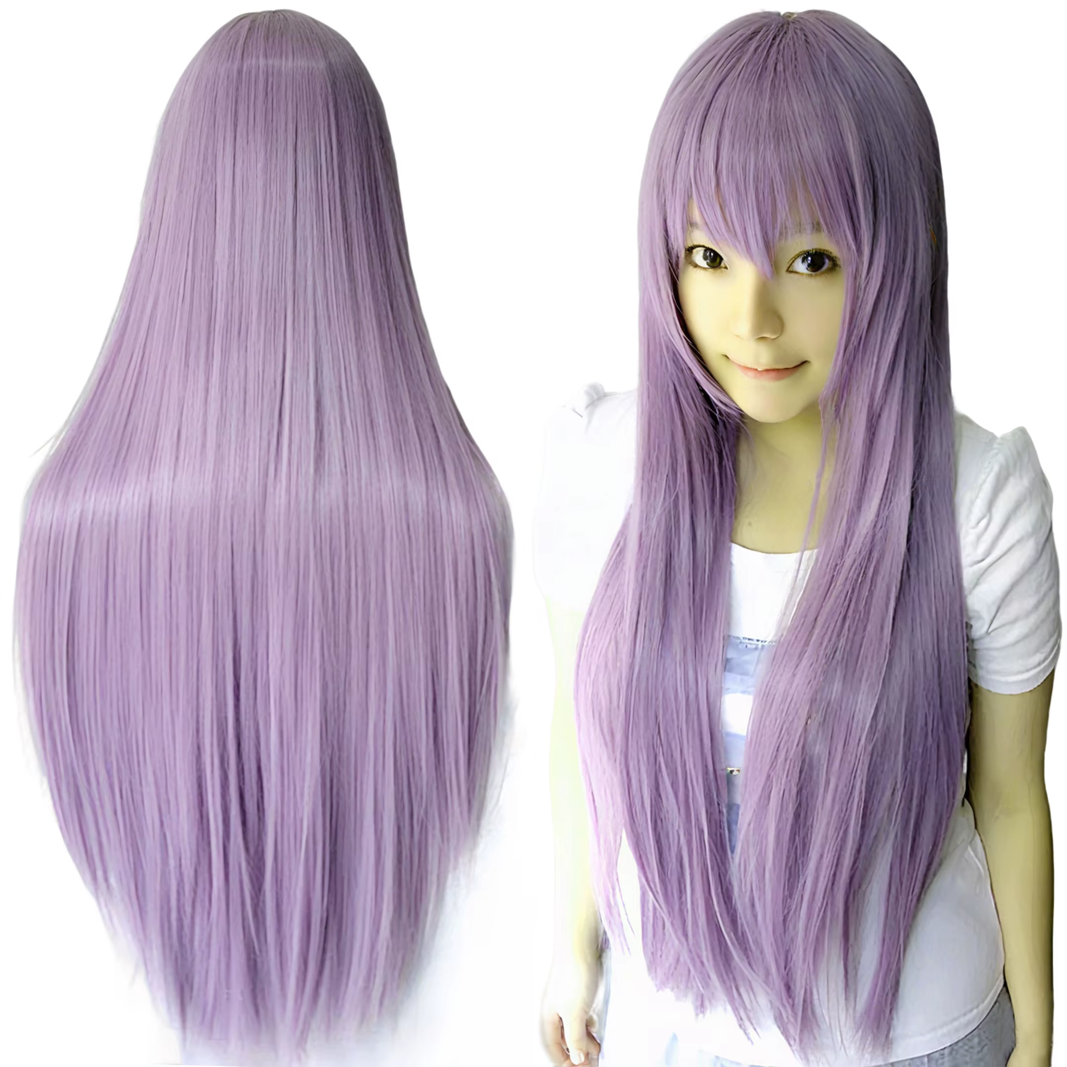 Perruque de Cosplay synthétique lisse de 80cm, postiche Lolita blanche violette verte argent rose av