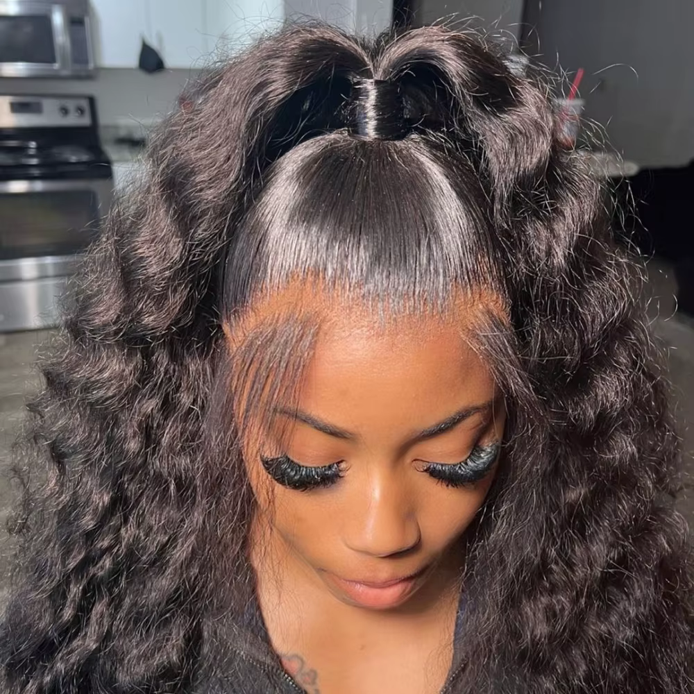 Perruque Deep Wave sans colle pour femme, cheveux humains noirs, perruque Frmetals, dentelle HD, prê